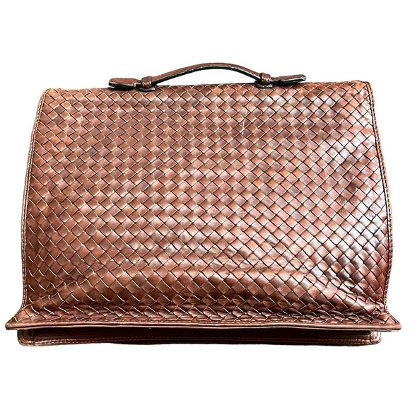 Bottega Veneta Cognac Brown Woven Leather Briefcase Top Handle Gold Buckle - Picture 16 of 16